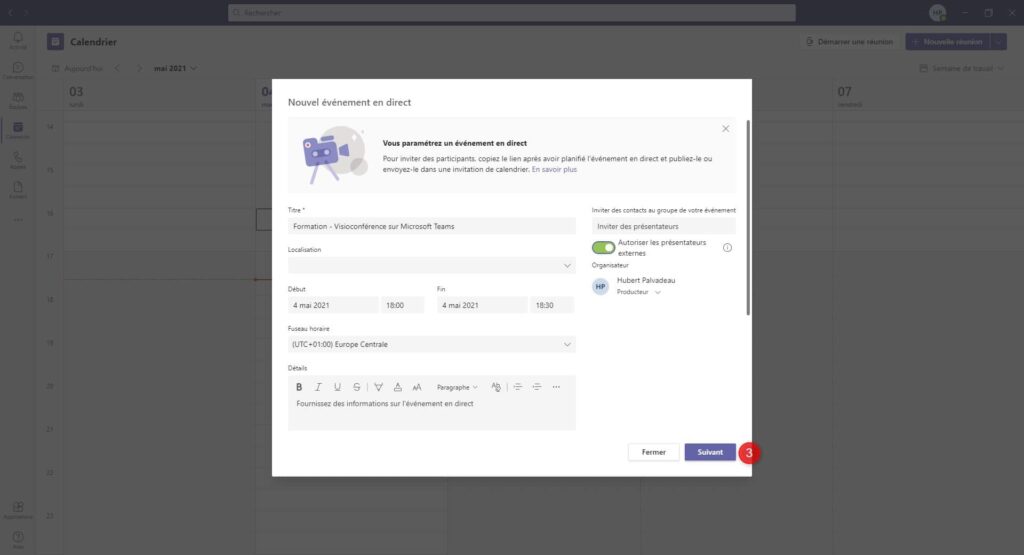 Paramétrage d'un Évènement en Direct - Microsoft Teams