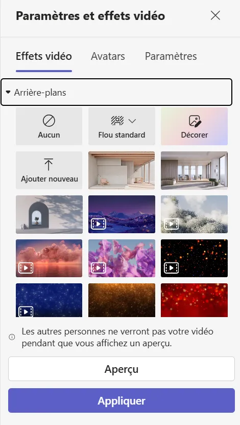 Parametres effets video changer fond ecran teams