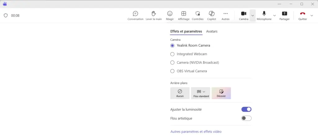 Options Caméra - Changer fond écran Teams