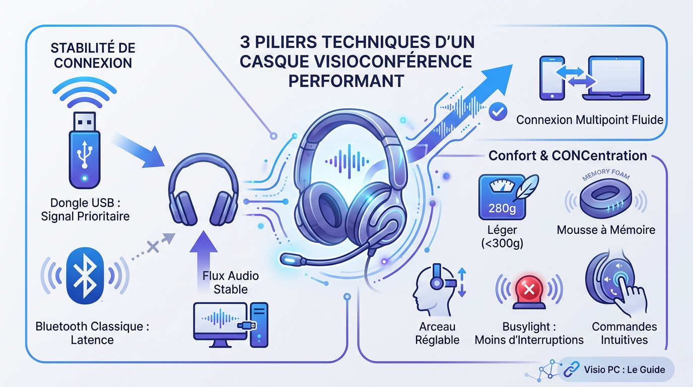 Expert en visioconférence utilisant un casque professionnel avec dongle USB