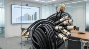 Gros plan sur un ensemble de câbles HDMI et XLR noirs tressés, sur fond de salle de réunion moderne avec écran de présentation.