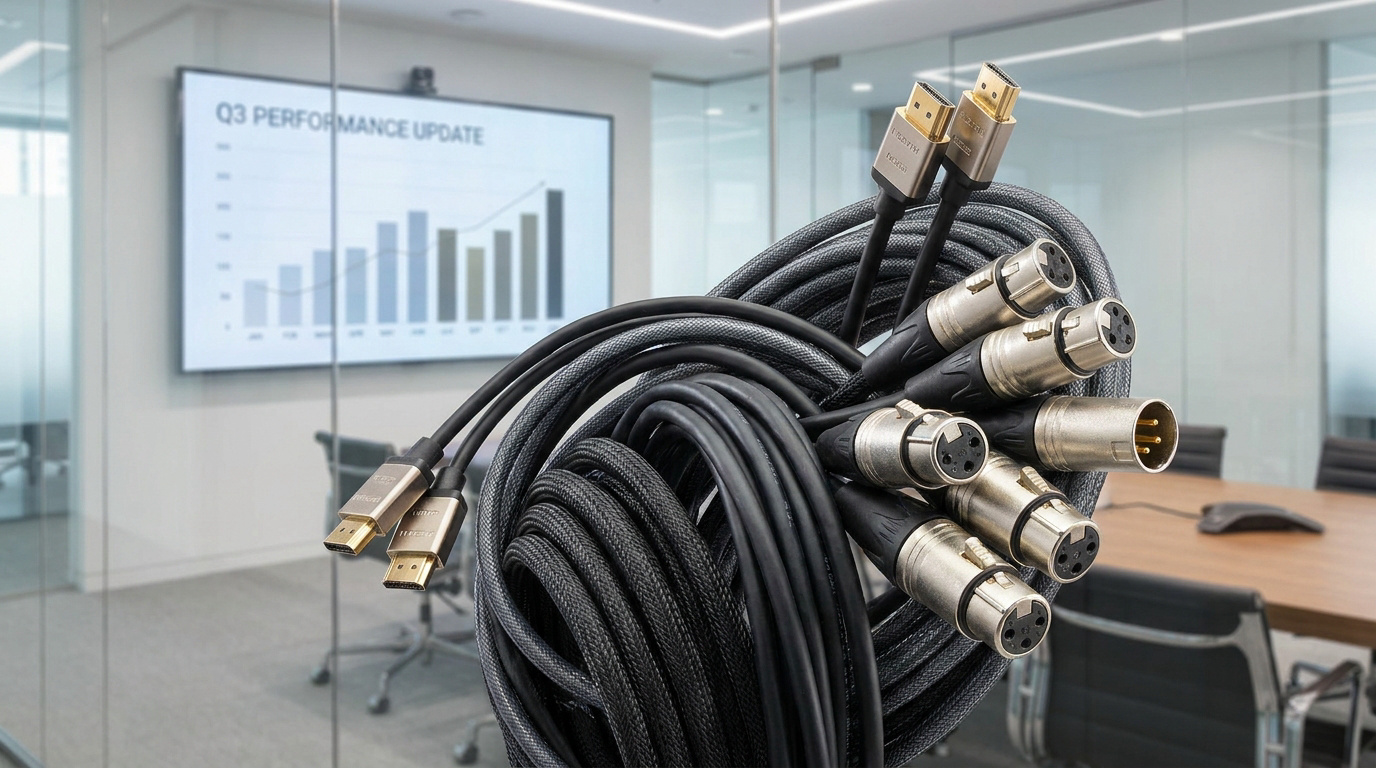 Gros plan sur un ensemble de câbles HDMI et XLR noirs tressés, sur fond de salle de réunion moderne avec écran de présentation.