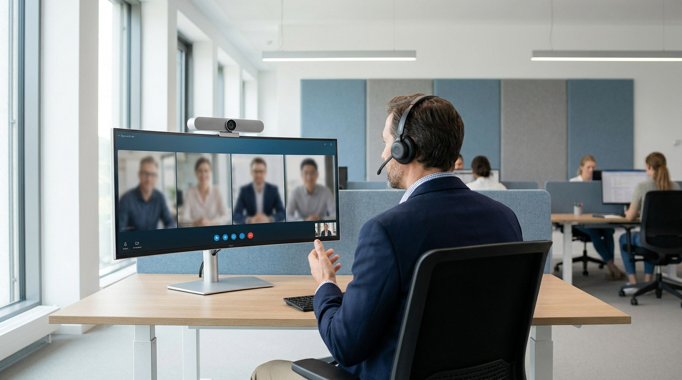 Un homme en open space participe à une visioconférence, utilisant un casque audio, un écran incurvé et une caméra dédiée.