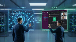 Deux professionnels évaluent Element (sécurité décentralisée) et Slack (collaboration efficace) via des interfaces holographiques.