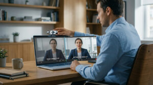 Un homme règle une webcam. L'écran affiche une visioconférence avec une image floue et une image de qualité optimisée.
