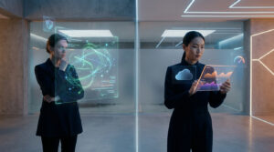 Deux femmes analysent des données futuristes : une sur la sécurité (bouclier, code), l'autre sur la performance (graphiques, cloud).