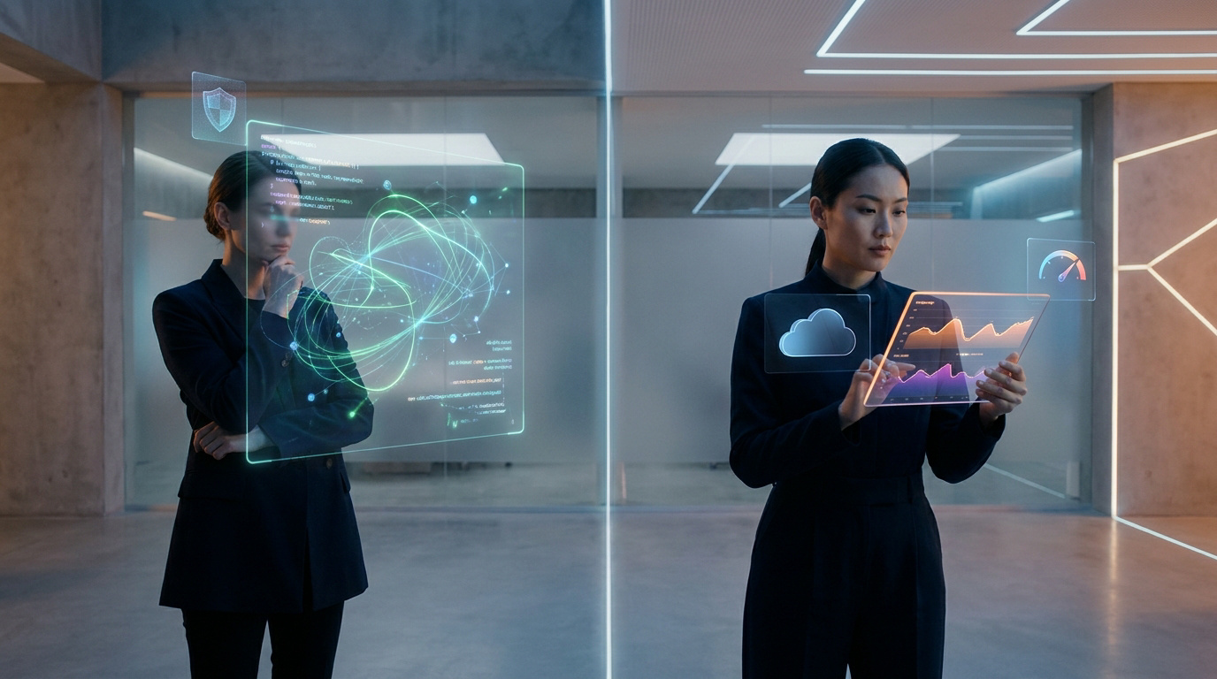 Deux femmes analysent des données futuristes : une sur la sécurité (bouclier, code), l'autre sur la performance (graphiques, cloud).