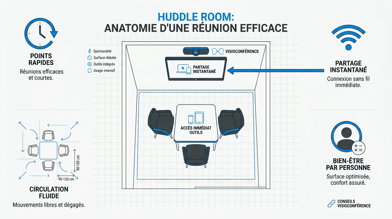 Schéma technique de l'aménagement optimal d'une huddle room pour la visioconférence