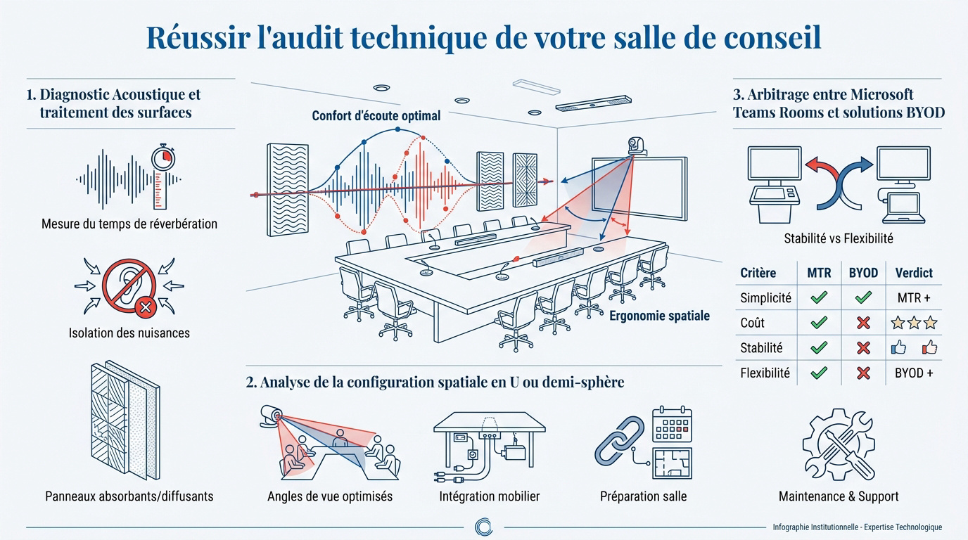 Audit technique d'une salle de conseil pour l'acoustique et l'aménagement visioconférence