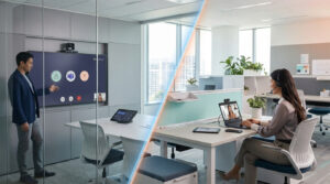 Comparaison MTR et BYOD : un homme en salle de réunion et une femme en visio sur son portable, séparés par une ligne lumineuse.