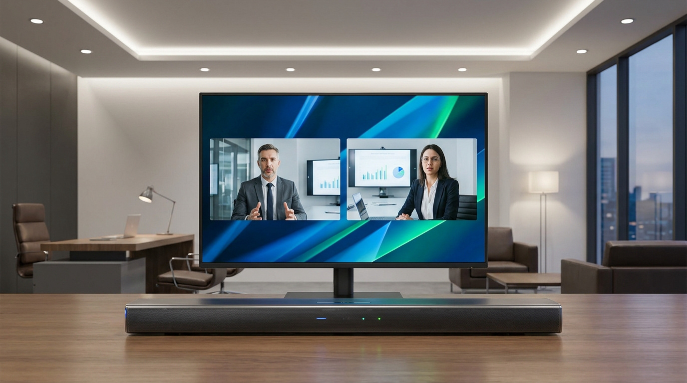 Une barre de visioconférence moderne sur un bureau en bois, avec un écran affichant deux participants en réunion virtuelle dans un bureau lumineux.