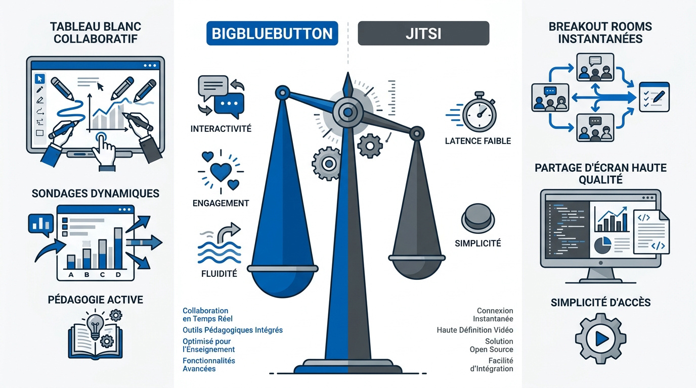 Comparaison des fonctionnalités collaboratives entre BigBlueButton et Jitsi Meet