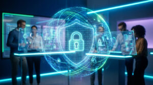 Une équipe examine un hologramme de sécurité numérique avec un cadenas et des données binaires, dans un bureau moderne.