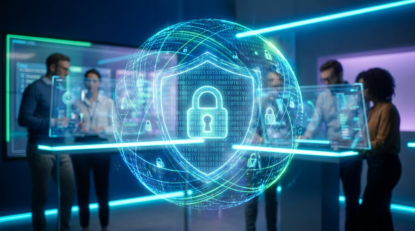 Une équipe examine un hologramme de sécurité numérique avec un cadenas et des données binaires, dans un bureau moderne.