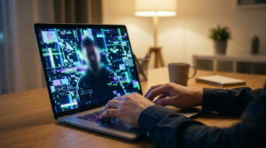 Mains tapant sur un laptop. L'écran affiche un bug de fond virtuel glitché et pixélisé derrière une silhouette floue en visioconférence.