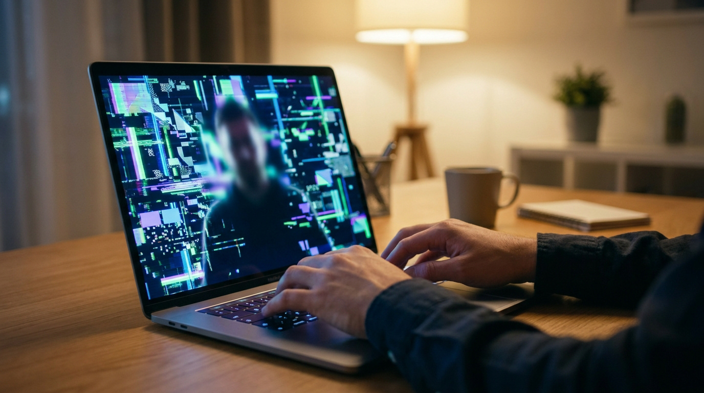 Mains tapant sur un laptop. L'écran affiche un bug de fond virtuel glitché et pixélisé derrière une silhouette floue en visioconférence.