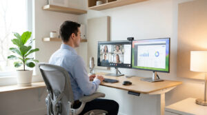 Un homme en chemise bleue travaille sur son double écran dans un bureau moderne. Il participe à une visioconférence et analyse des données.