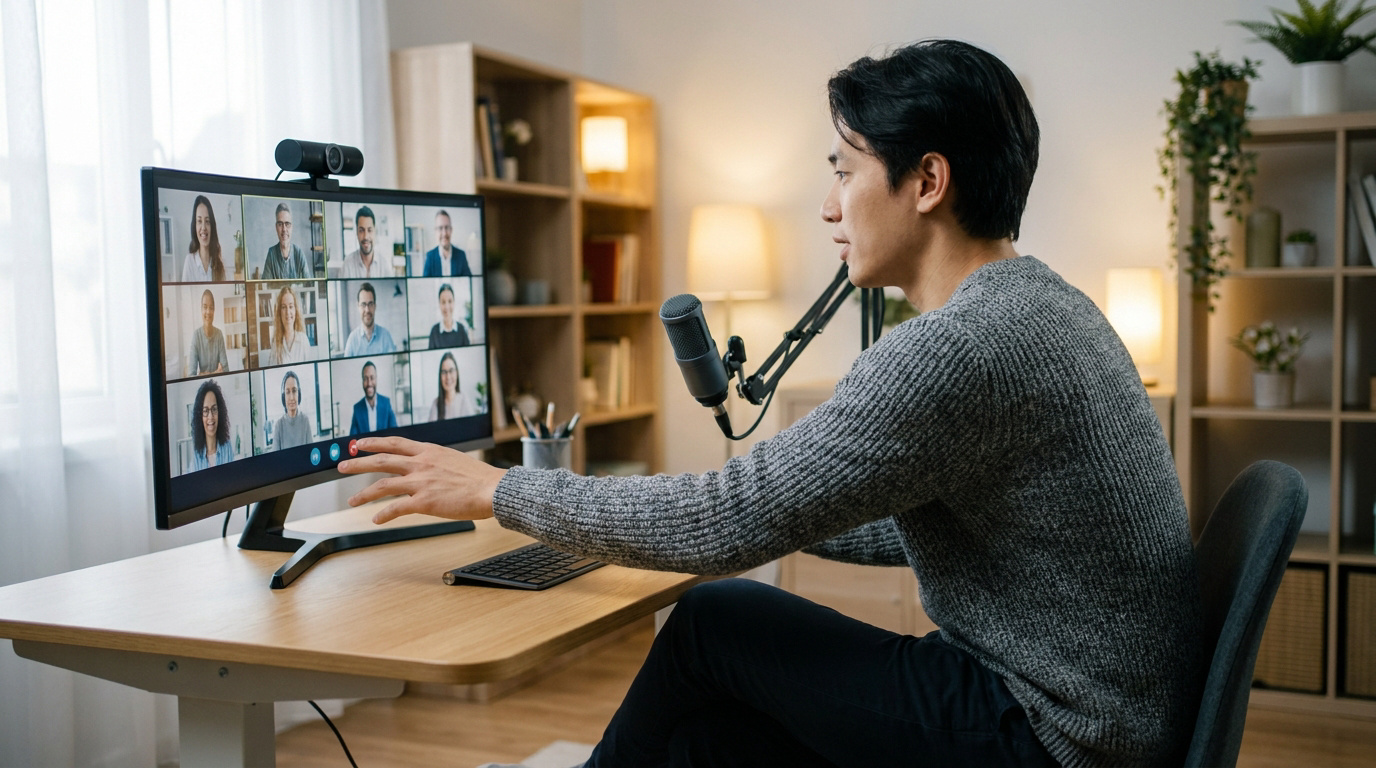 Jeune homme en visioconférence depuis son bureau à domicile, utilisant une webcam et un micro professionnel. Multiples participants à l'écran.