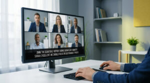 Un homme travaille sur son ordinateur, regardant un appel vidéo avec six collègues et des sous-titres affichés en bas de l'écran.