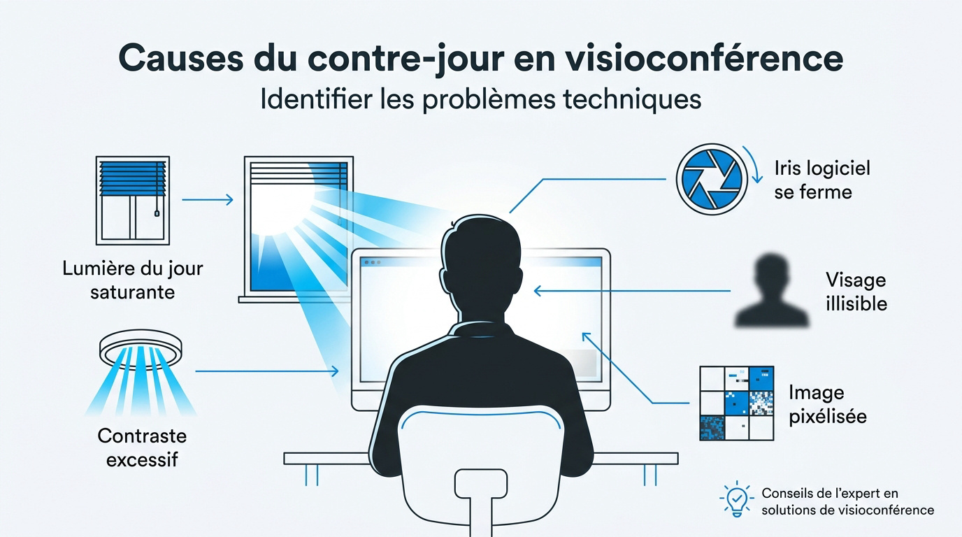 Illustration des effets d'un mauvais éclairage et du contre-jour sur une installation de visioconférence professionnelle
