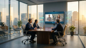 Trois personnes en réunion visioconférence dans un bureau moderne avec vue sur la ville. Écran affichant des collègues et des analyses de données.