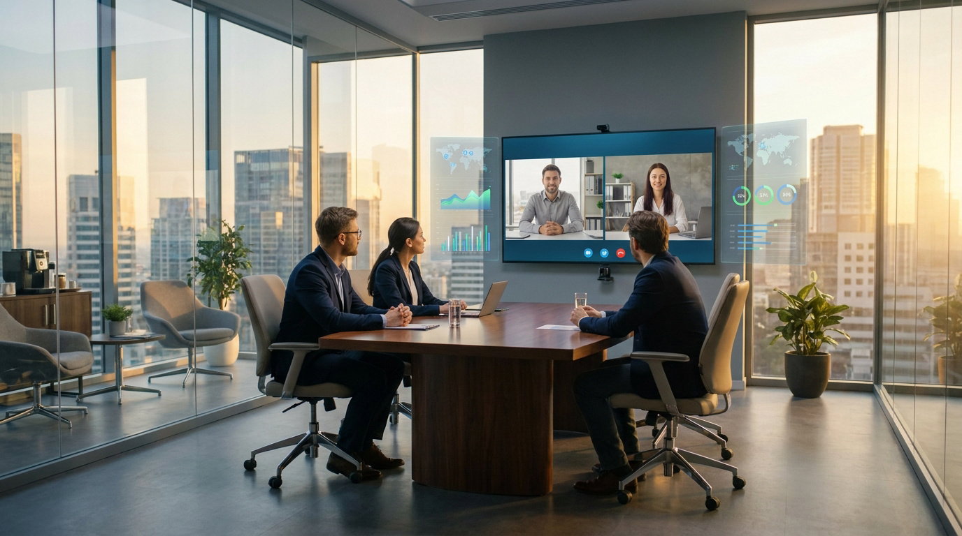 Trois personnes en réunion visioconférence dans un bureau moderne avec vue sur la ville. Écran affichant des collègues et des analyses de données.