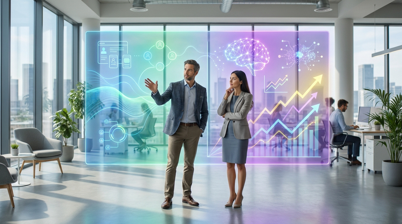 Professionnels analysant des données holographiques sur l'UX, l'IA et la croissance dans un bureau moderne.