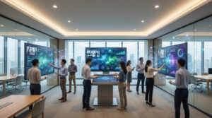 Groupe de personnes en réunion utilisant de grands écrans tactiles interactifs affichant des données et visioconférences dans un bureau moderne.
