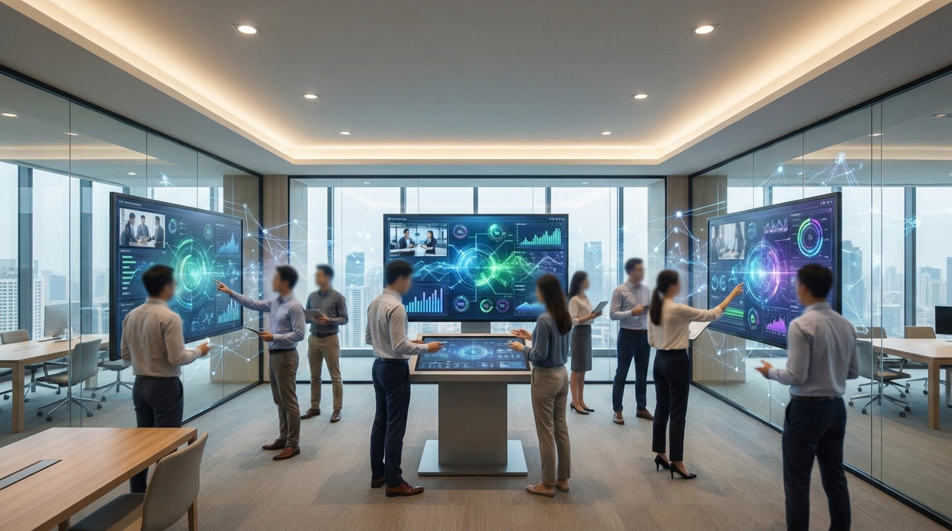 Groupe de personnes en réunion utilisant de grands écrans tactiles interactifs affichant des données et visioconférences dans un bureau moderne.