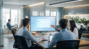 Quatre personnes collaborent en réunion devant un grand écran, utilisant une solution logicielle en environnement de travail hybride.