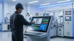 Un technicien en usine consulte un écran tactile affichant une visioconférence et des graphiques de maintenance industrielle.