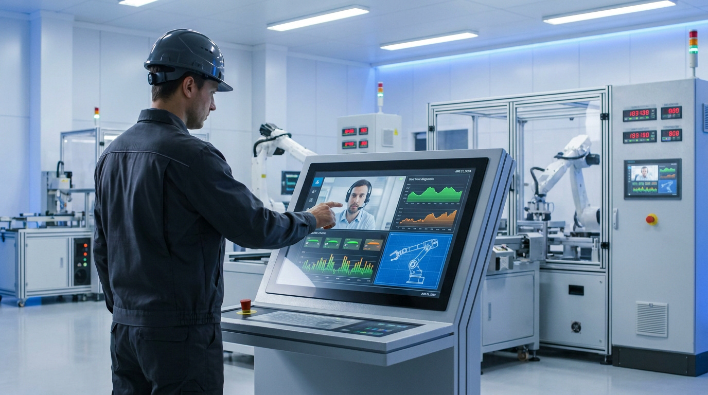 Un technicien en usine consulte un écran tactile affichant une visioconférence et des graphiques de maintenance industrielle.