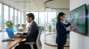 Un homme travaille sur PC portable, une femme utilise un écran tactile et tablette dans un bureau moderne, soulignant la collaboration technologique.