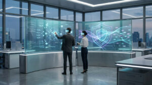 Deux professionnels avec casques AR/VR devant écrans géants affichant données et sécurité réseau dans un bureau futuriste.