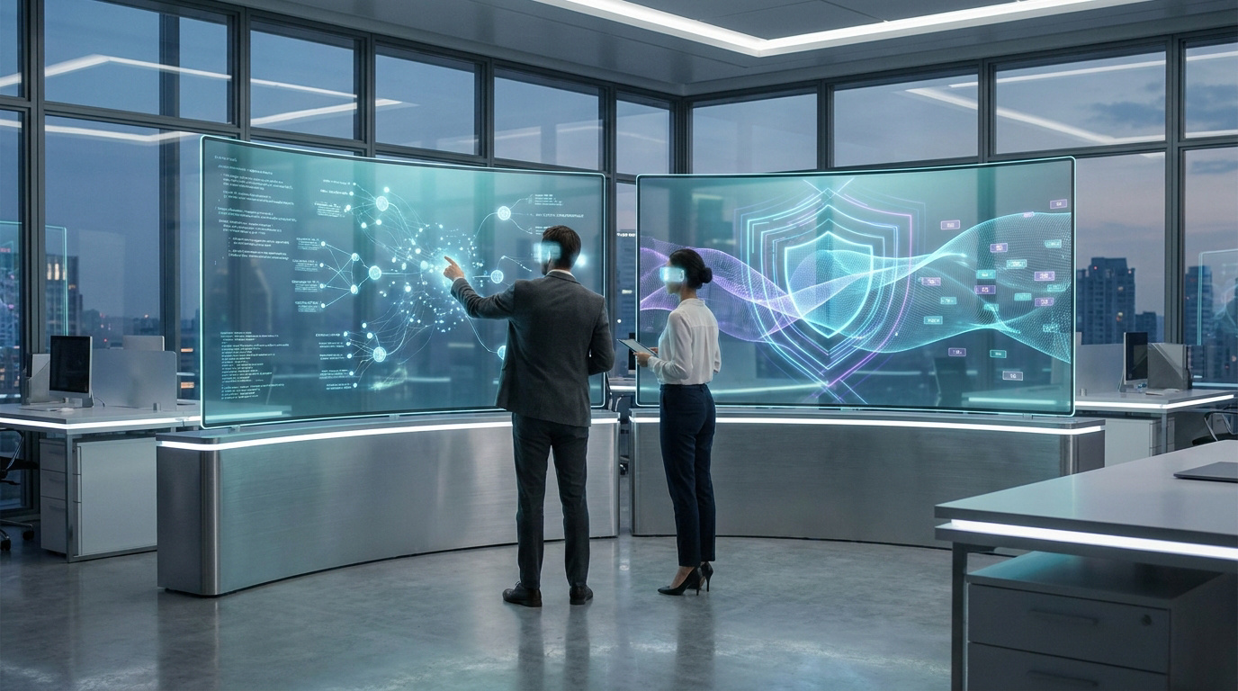 Deux professionnels avec casques AR/VR devant écrans géants affichant données et sécurité réseau dans un bureau futuriste.