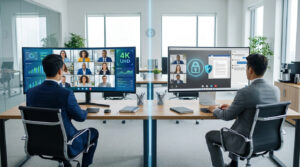 Deux hommes en costume, dos à l'écran, comparent des interfaces de visioconférence en bureau. L'un affiche 4K UHD, l'autre sécurité.