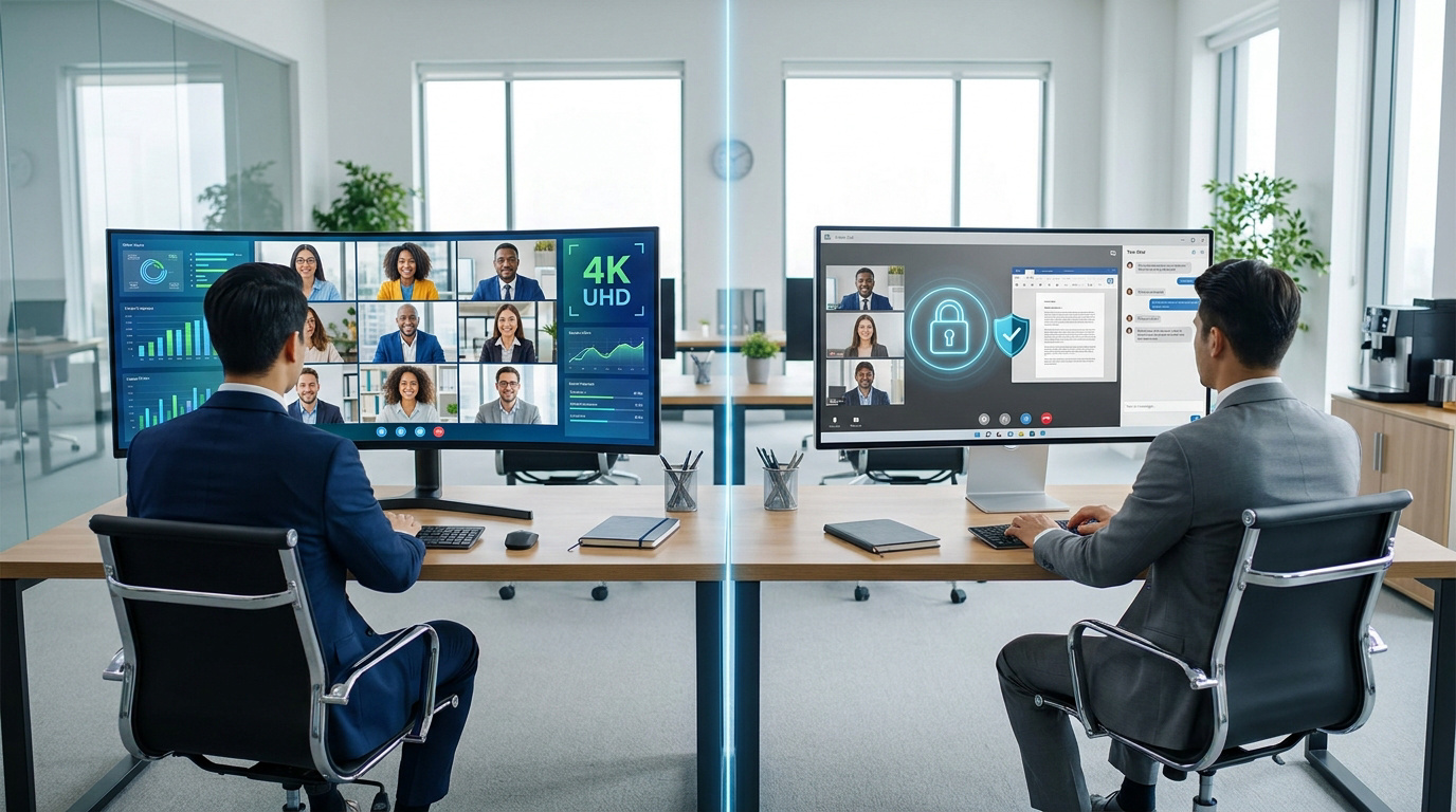Deux hommes en costume, dos à l'écran, comparent des interfaces de visioconférence en bureau. L'un affiche 4K UHD, l'autre sécurité.