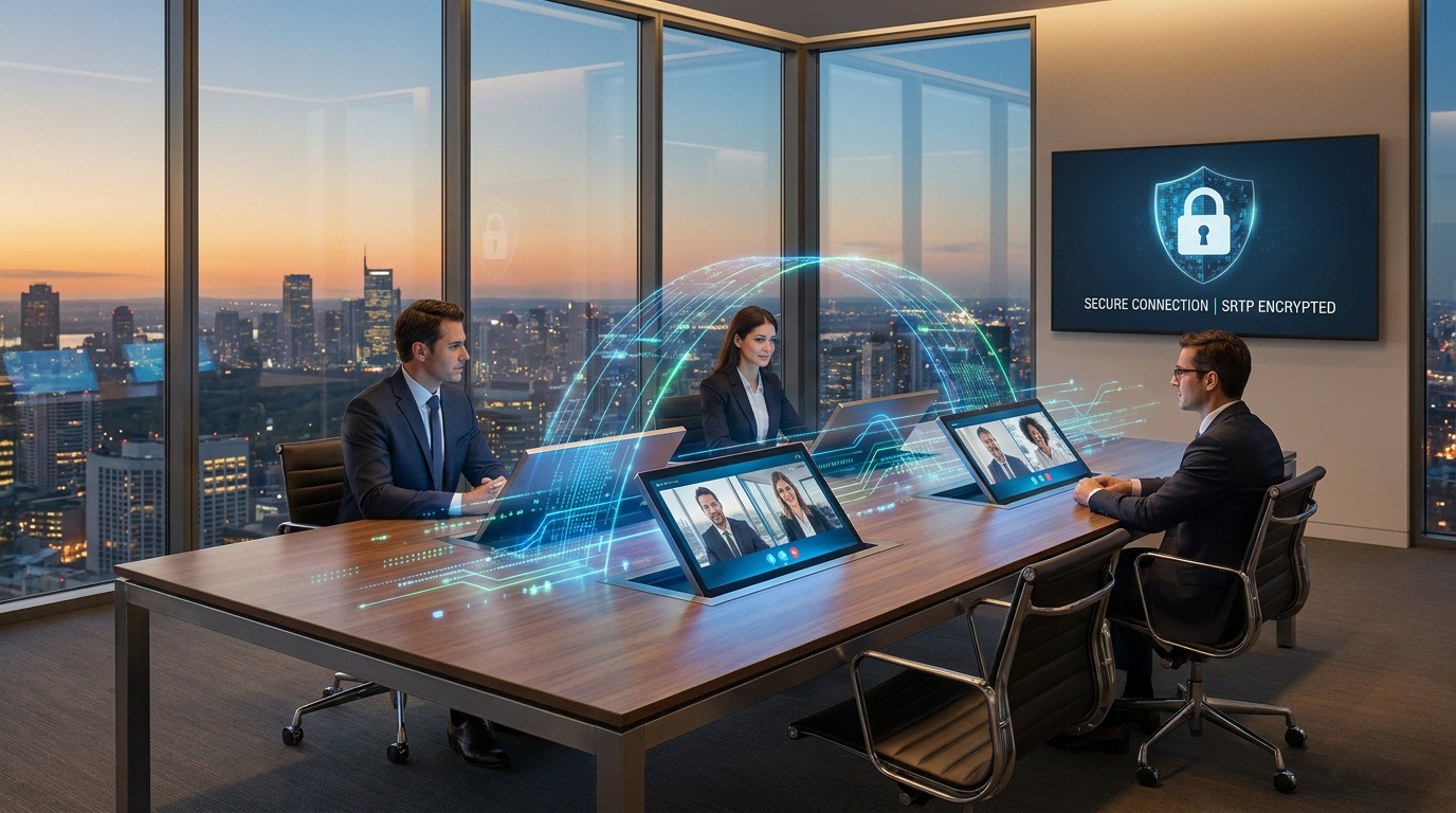 Trois professionnels en visioconférence dans une salle moderne avec vue sur la ville, des graphiques illustrent une connexion sécurisée.