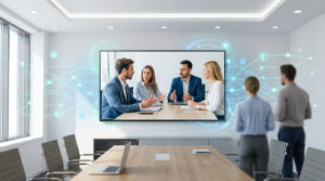 Visioconférence 4K dans une salle de réunion, avec des participants et un réseau sécurisé symbolisé par des icônes.