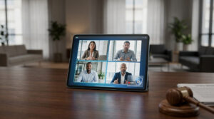 Visioconférence sur tablette affichant 4 participants, avec icônes d'enregistrement et de sécurité. Marteau de juge et dossier juridique.