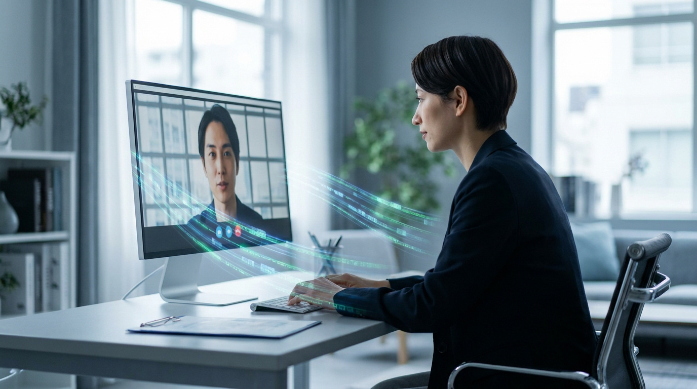 Une femme en visioconférence avec un homme sur écran, des flux numériques symbolisant une communication rapide et sans latence.