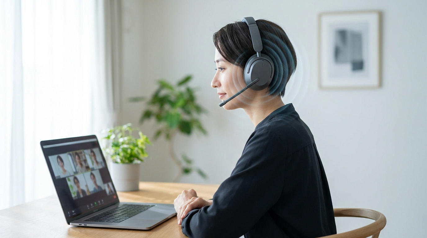 Femme en visioconférence, portant un casque micro. Des ondes sonores stylisées émanent du casque, symbolisant un son clair.