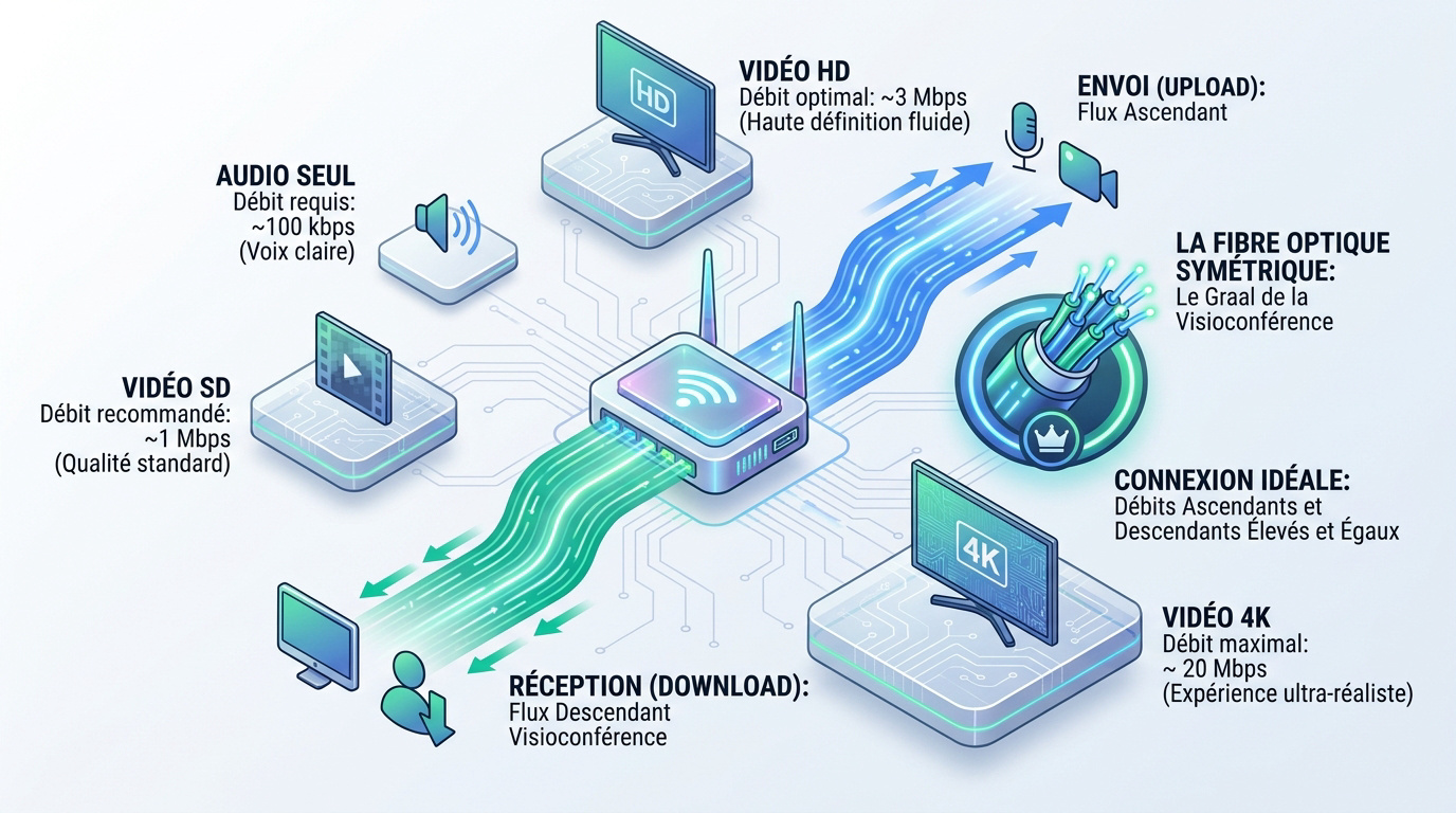 Tableau des débits recommandés pour la visioconférence HD et 4K