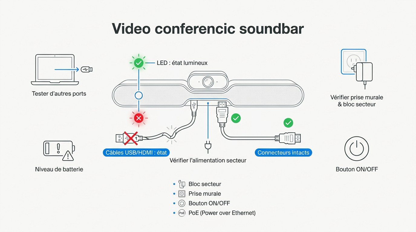 Vérification des branchements électriques et câbles USB HDMI pour dépanner une visioconférence