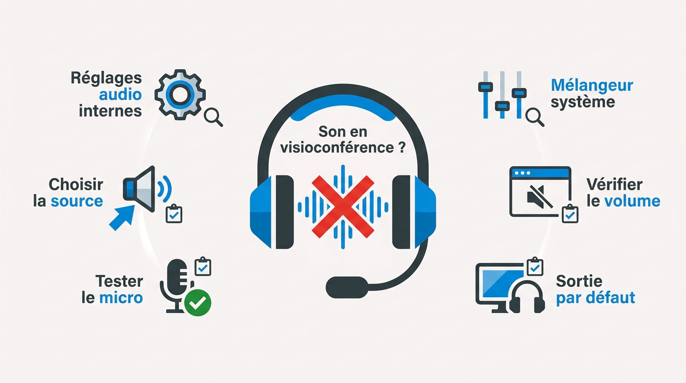 Professionnel vérifiant les réglages audio de son ordinateur pour une visioconférence