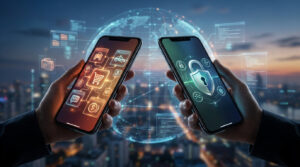 Deux smartphones tenus en main. L'un symbolise des services (e-commerce, chat), l'autre la sécurité (cadenas), sur fond de globe réseau mondial.