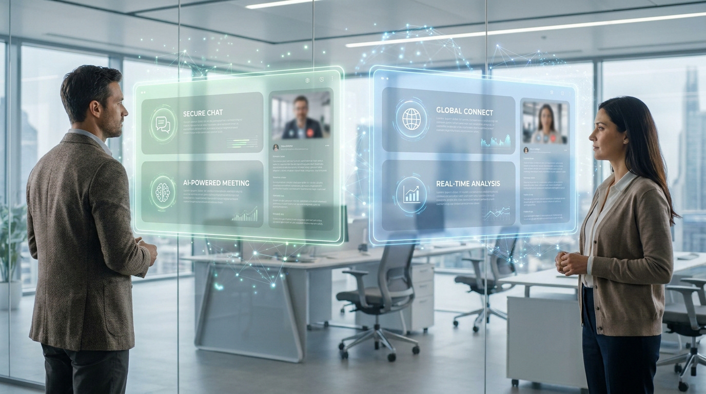 Deux professionnels en bureau moderne examinent des interfaces holographiques comparant des outils de visio conférence avancés.