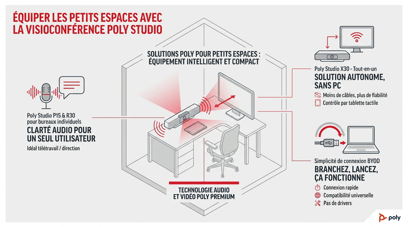 Barre de visioconférence Poly Studio installée dans un petit espace de réunion professionnel