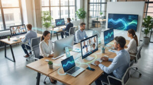 Employés en visioconférence dans un bureau moderne. Les écrans affichent des appels vidéo et des données, symbolisant la connectivité.