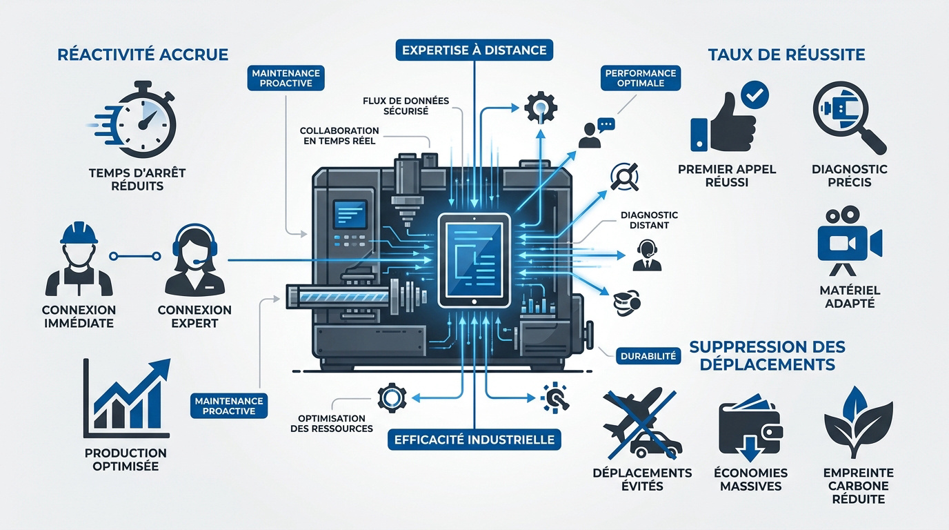 Technicien industriel utilisant l'assistance visuelle à distance pour un diagnostic machine